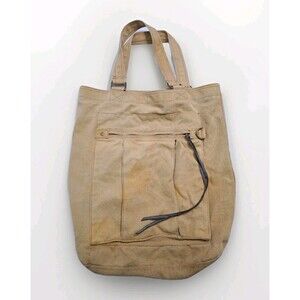 H&M Canvas Tote Bag Shoulder Khaki Distressed Long Retro Vintage Sack
